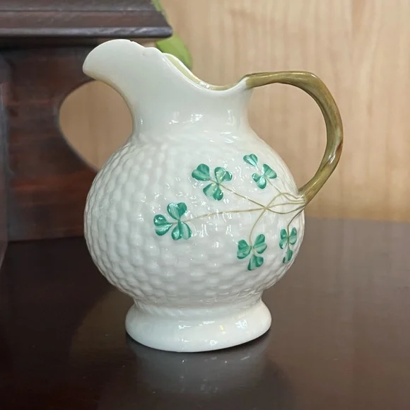 Vintage Belleek Shamrock creamer & sugar bowl set signed hand painted 4" & 3.5"